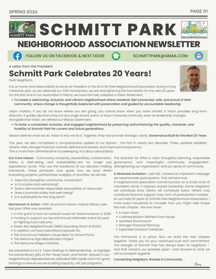 Cover of the Schmitt Park Neighborhood Association Spring Newsletter